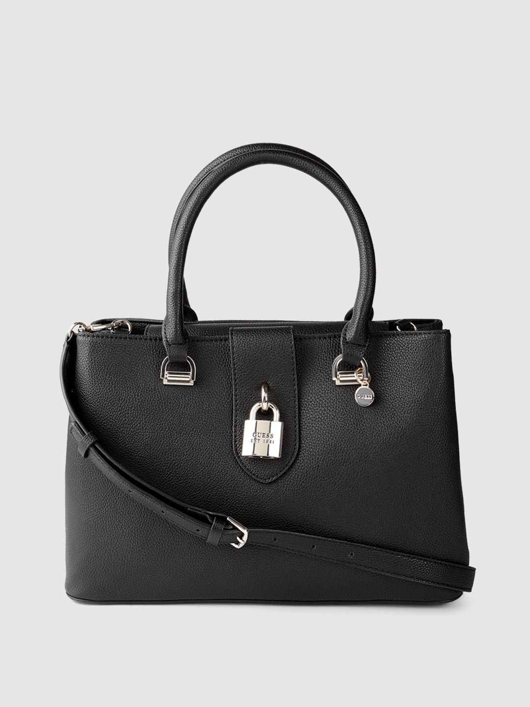 GUESS Black Solid Structured Handheld Bag with Detachable Sling Strap & Pouch Price in India
