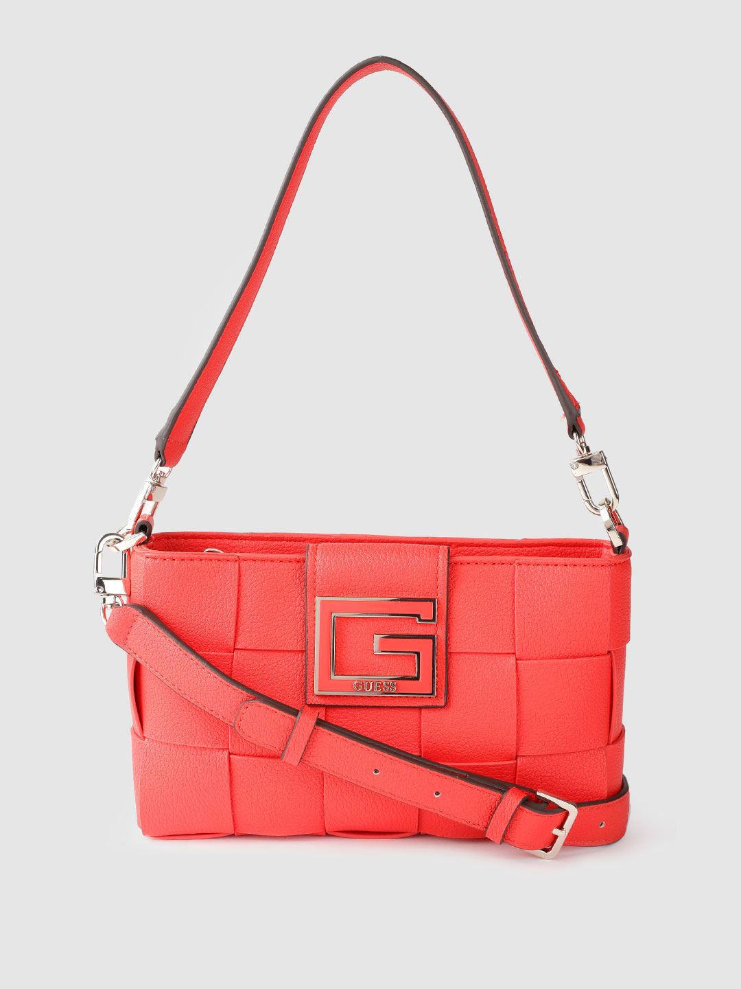 GUESS Coral Red Basket Woven Structured Shoulder Bag with Detachable Sling Strap & Pouch Price in India