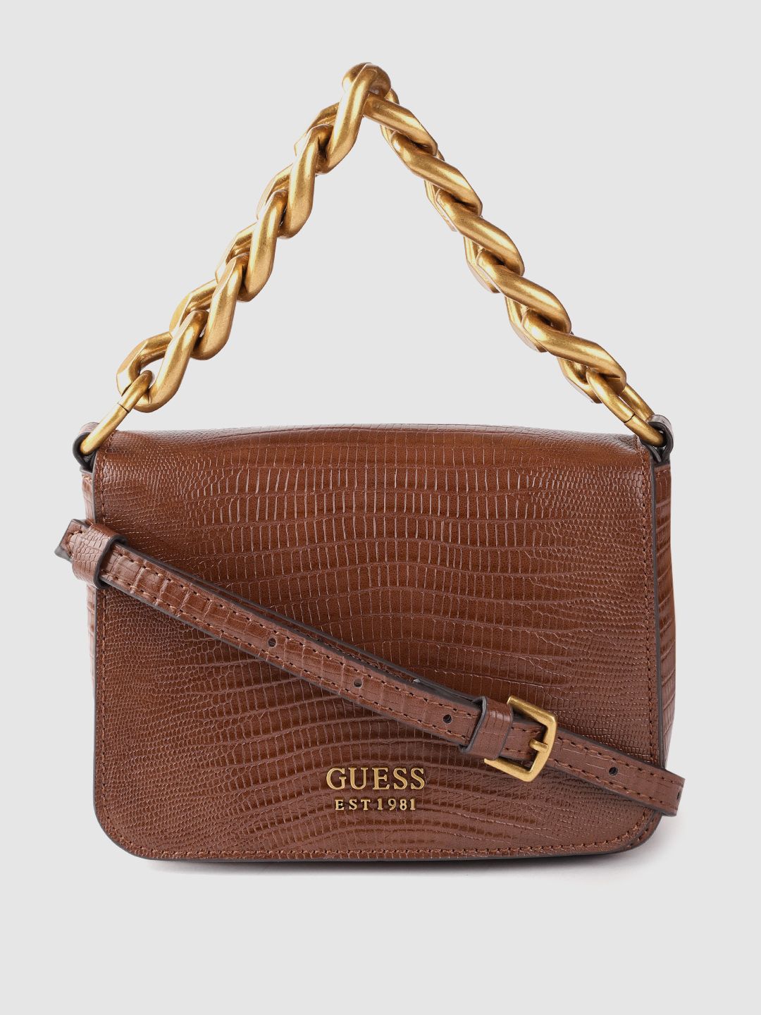 GUESS Women Coffee Brown Snakeskin Textured Structured Satchel Price in India