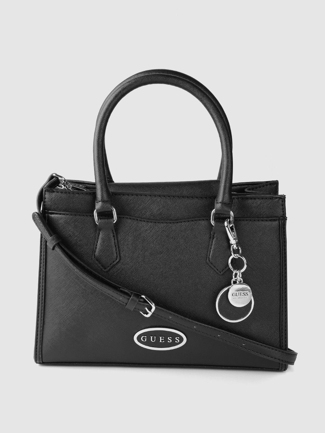 GUESS Black Saffiano Textured Structured Handheld Bag with Tab & Detachable Sling Strap Price in India