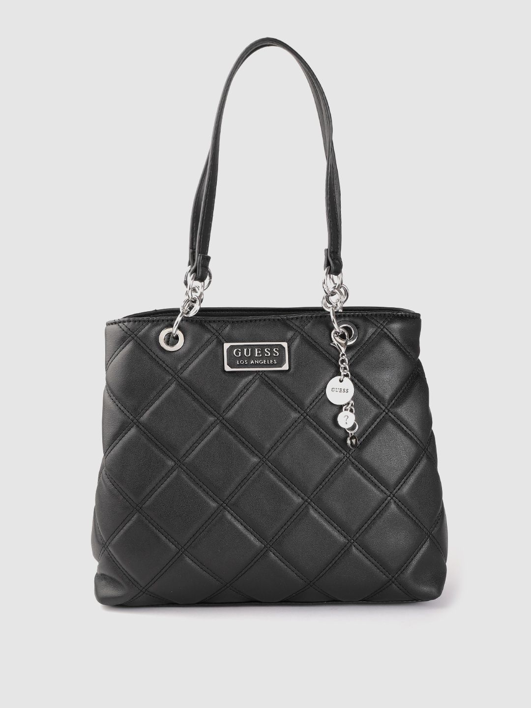 GUESS Black Solid Structured Handheld Bag with Quilted Detail Price in India