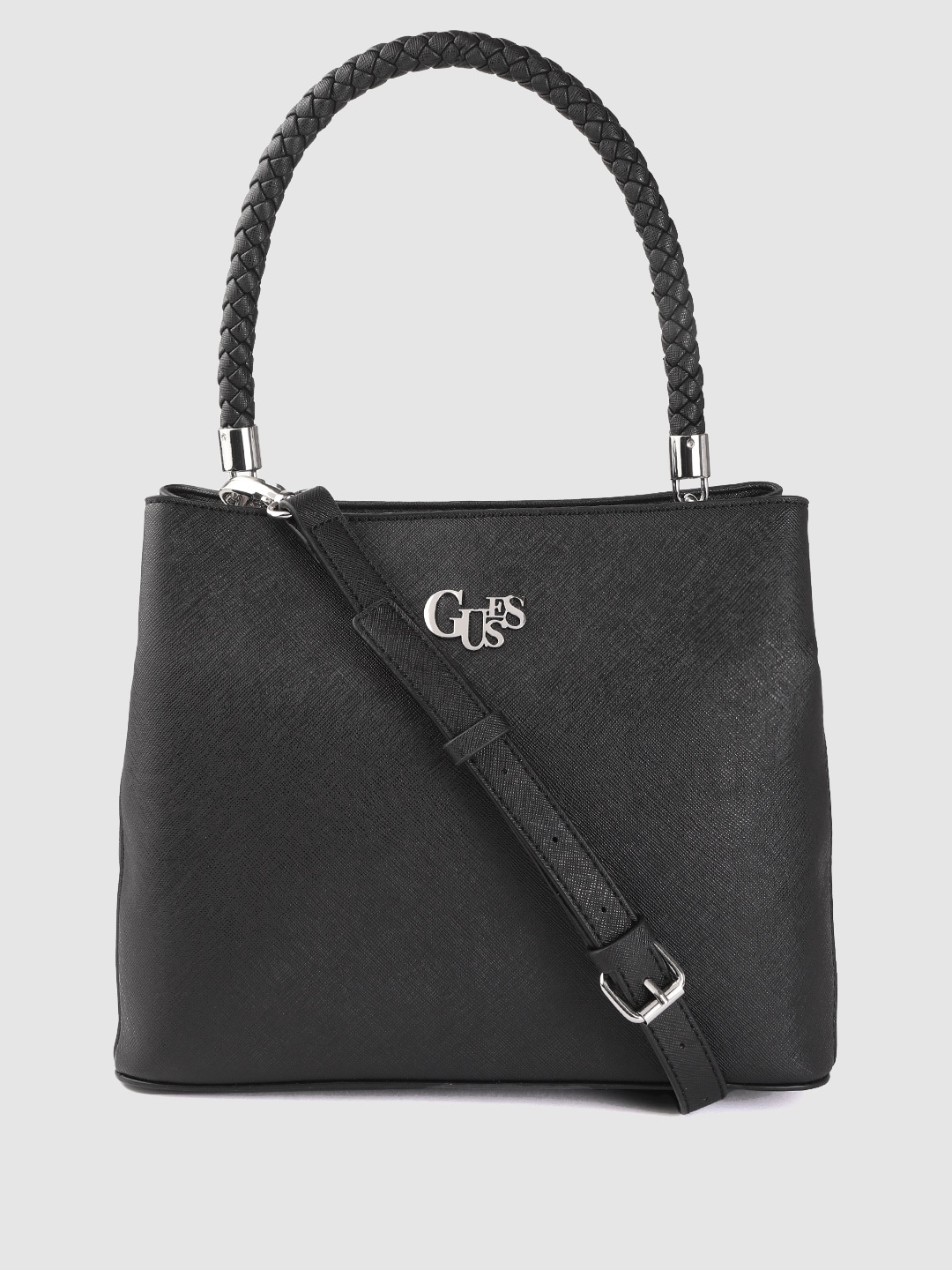 GUESS Black Solid Structured Handheld Bag Price in India