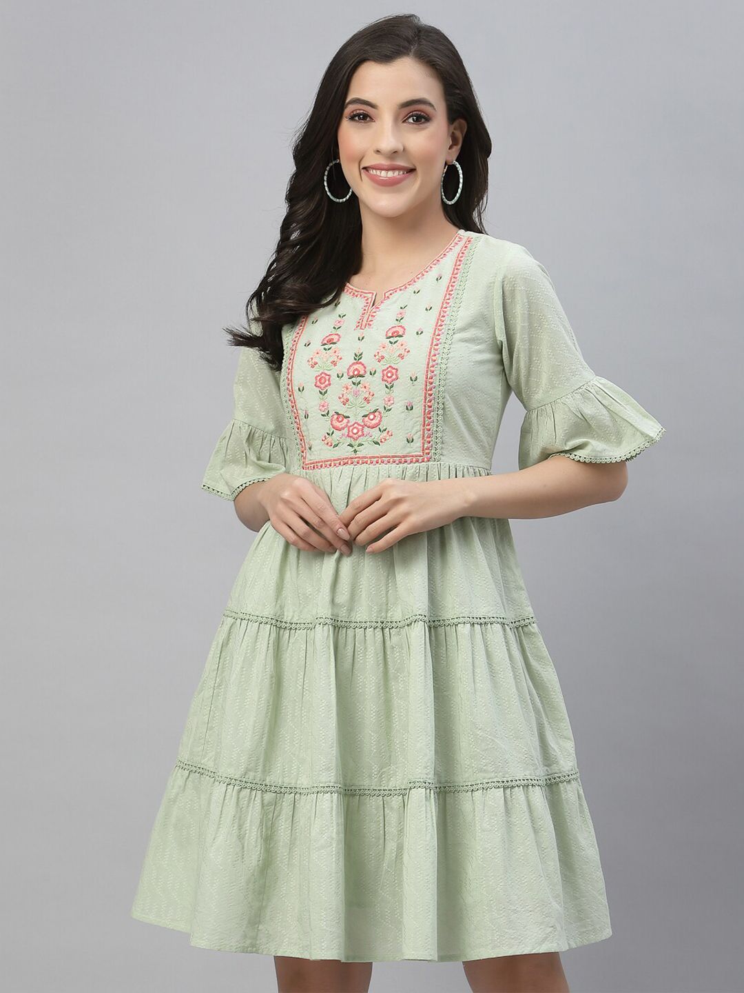 Juniper Green Ethnic Motifs Ethnic A-Line Dress Price in India