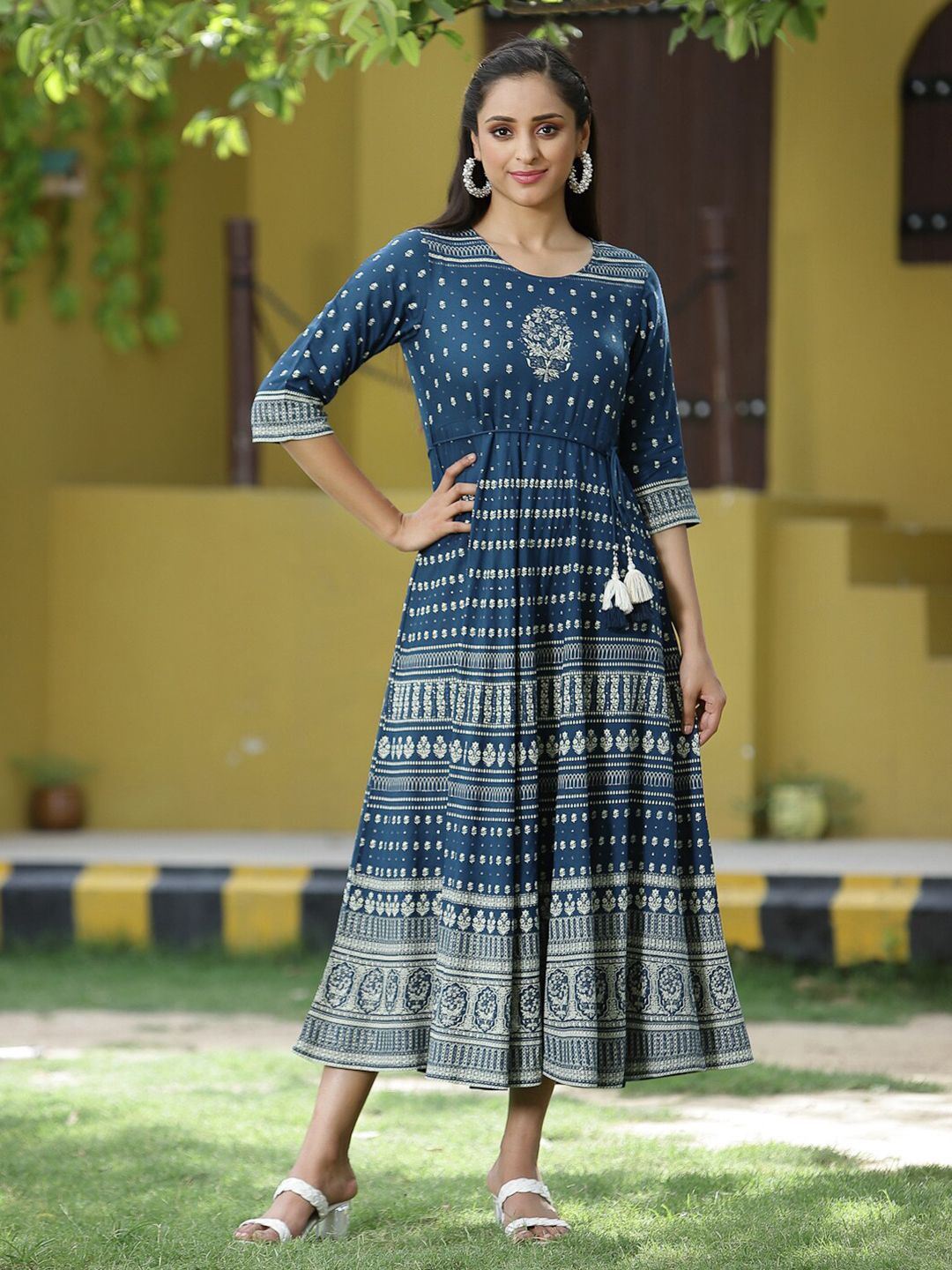 Juniper Blue Ethnic Motifs Ethnic Maxi Dress Price in India
