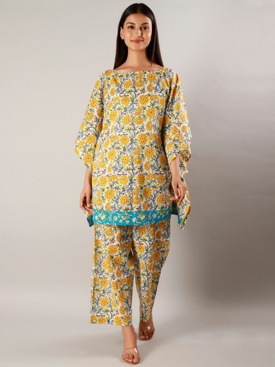 GAURANCHE Women Yellow & White Printed Kaftan Kurta with Trousers Price in India