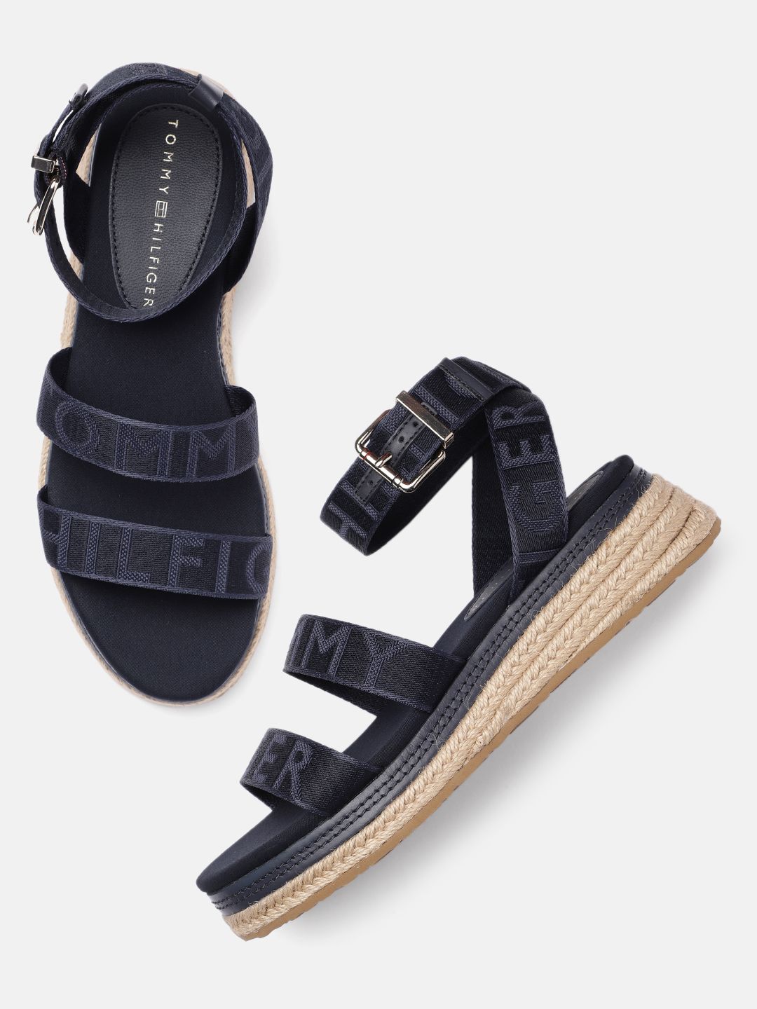 Tommy Hilfiger Women Navy Blue Printed Wedge Sandals Price in India