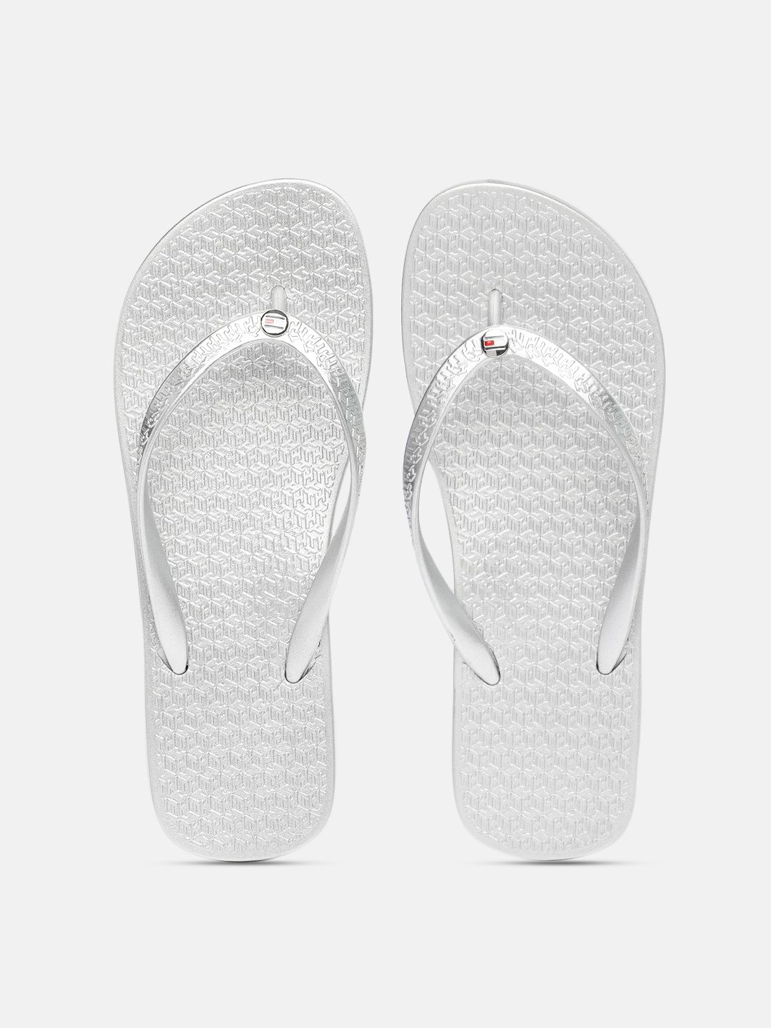 Tommy Hilfiger Women Silver-Toned Brand Logo Printed Thong Flip-Flops Price in India