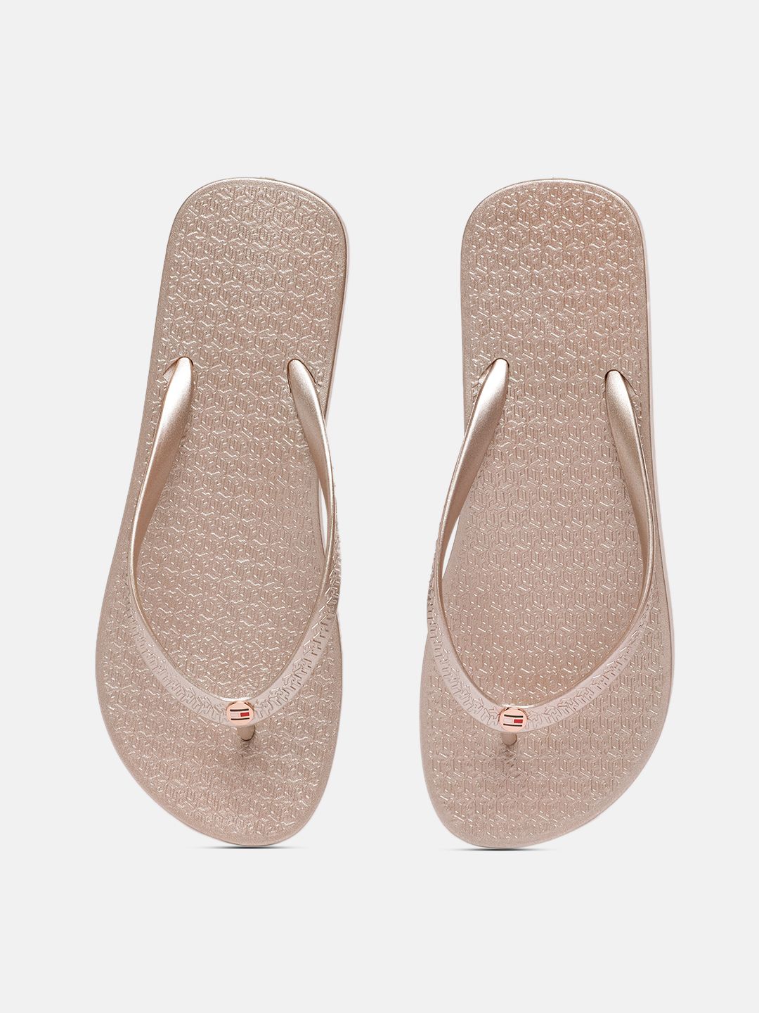 Tommy Hilfiger Women Champagne Brand Logo Printed Thong Flip-Flops With Metallic Finish Price in India