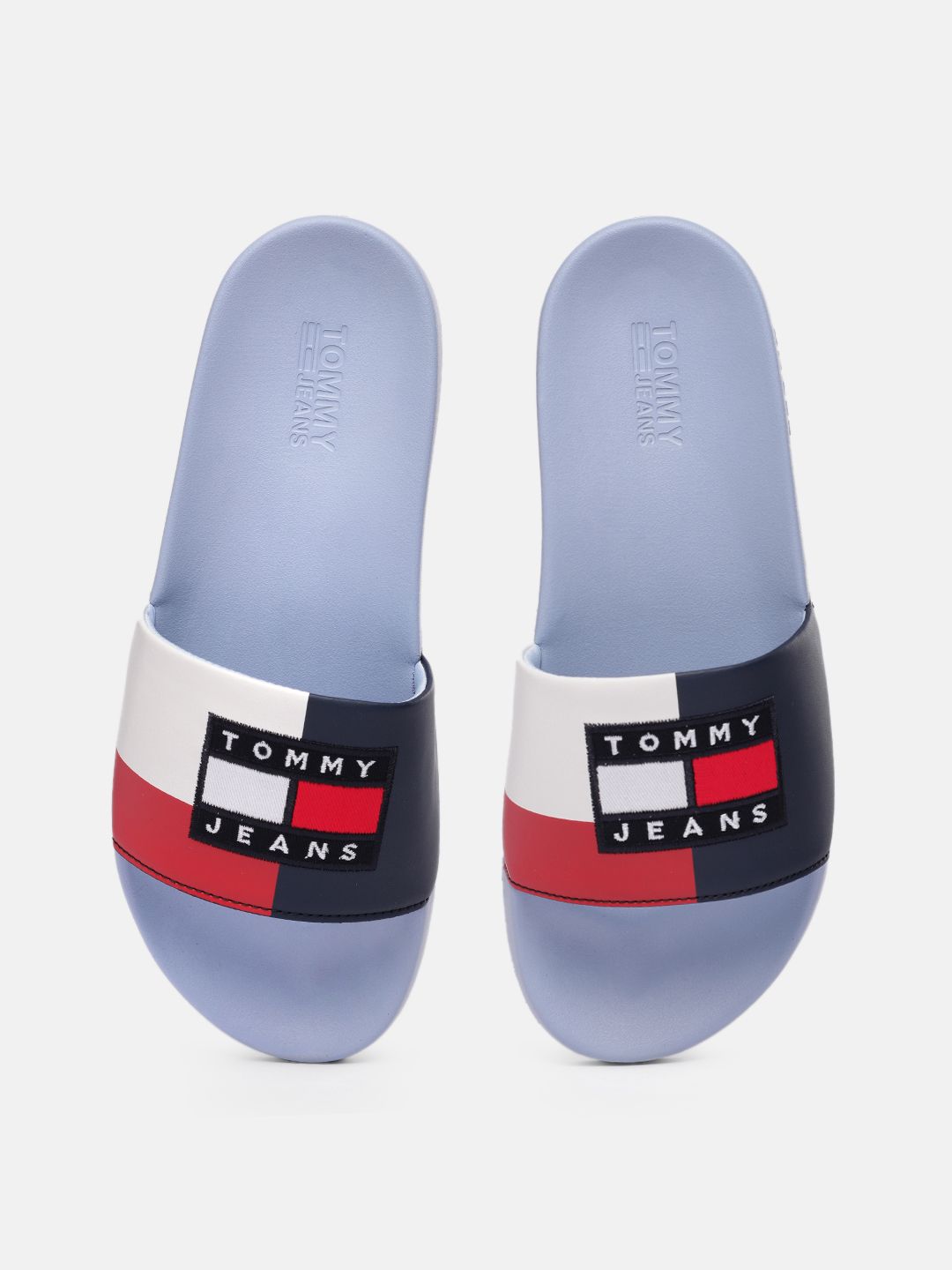 Tommy Hilfiger Women Blue & White Colourblocked Sliders Price in India