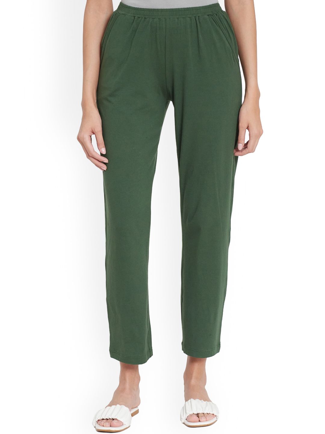 UNMADE Women Sea Green Solid Cotton Lounge Pants Price in India