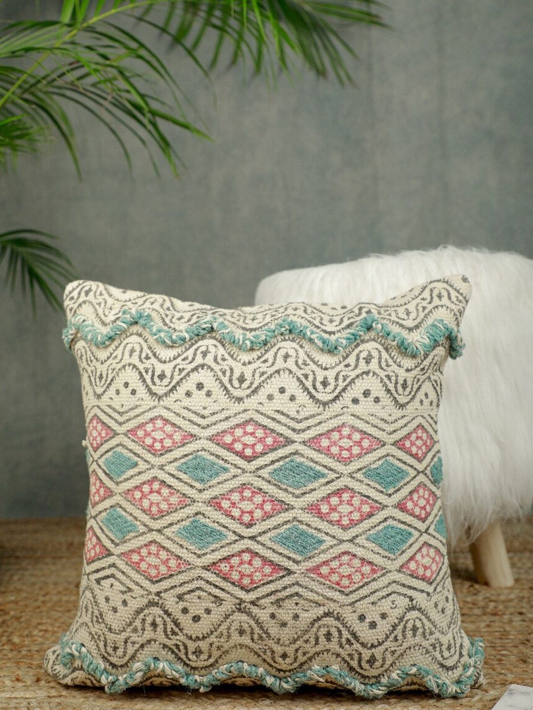 Jaipur Folk Off White & Green Geometric Square Cushion Covers Price in India