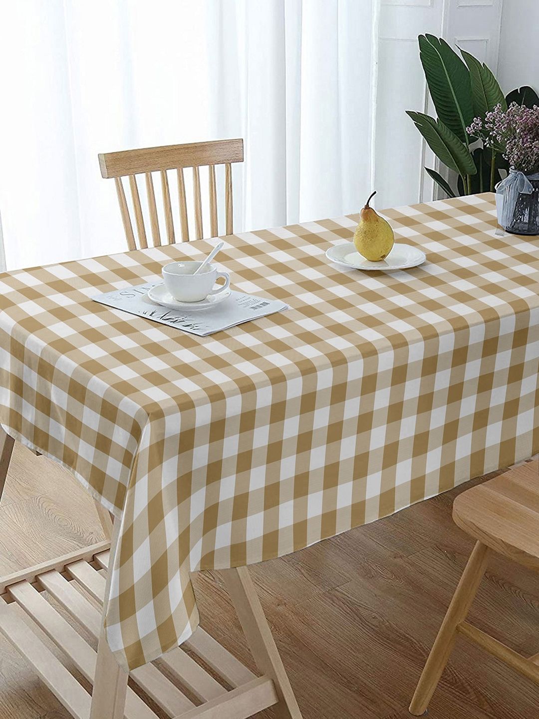 Lushomes Beige & White Checked Cotton 6-Seater Dining Table Cover Price in India