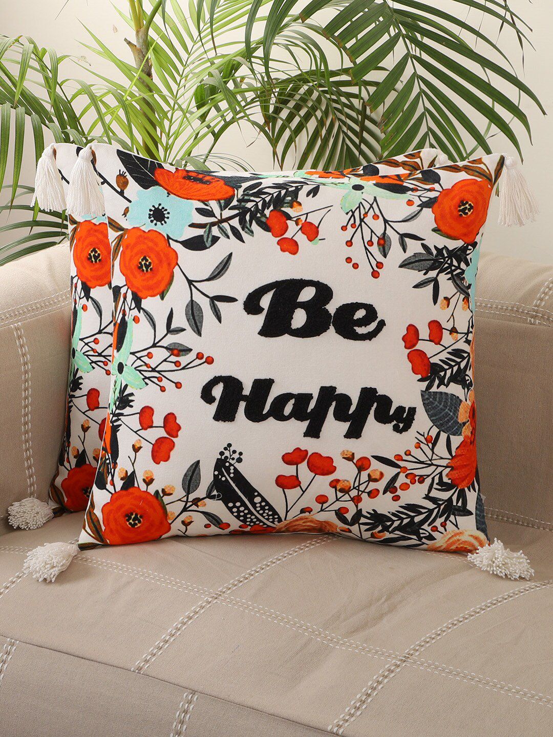 Jamio Firati White & Red Set of 2 Floral Square Cushion Covers