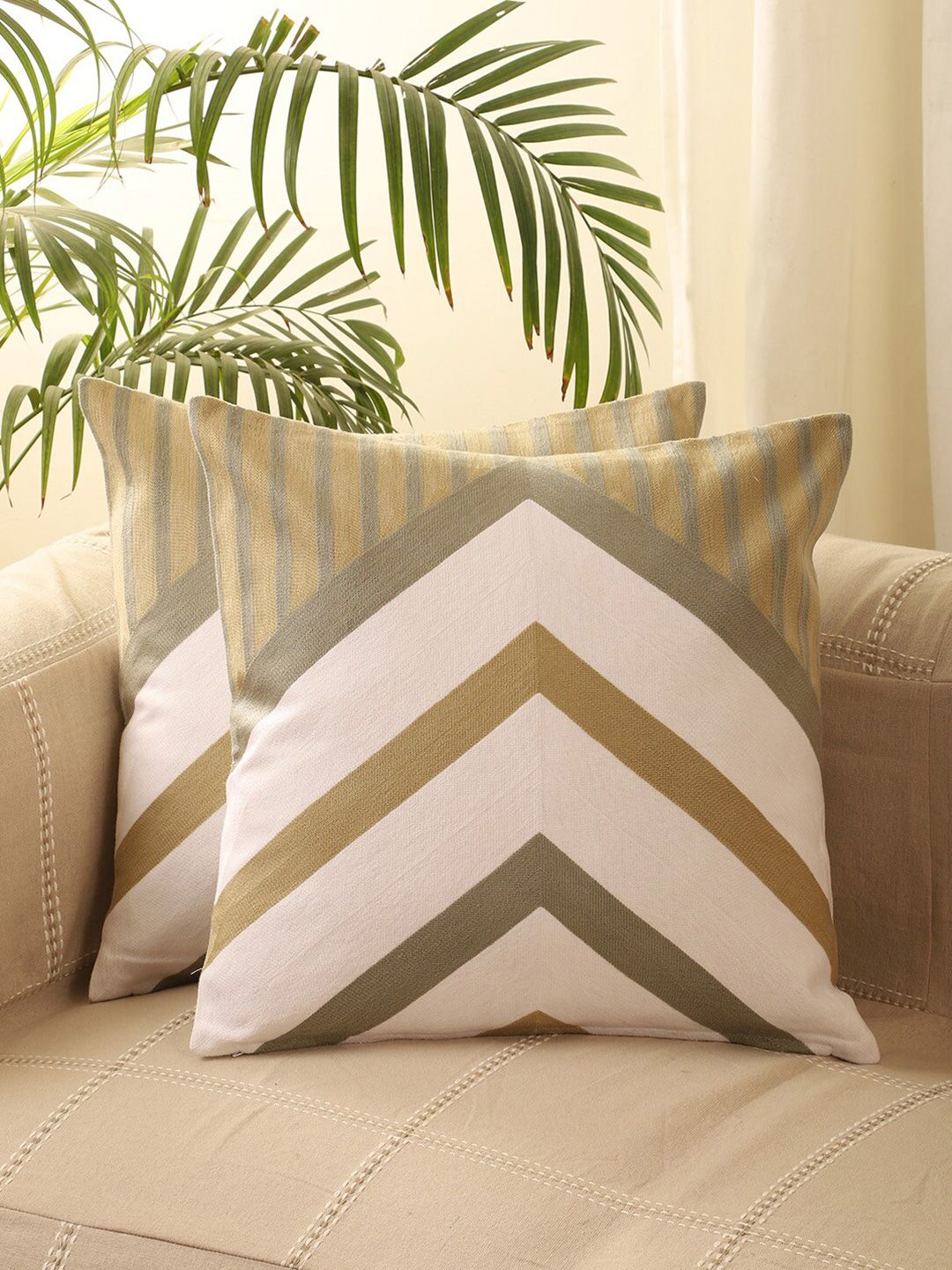 Jamio Firati Brown & White Set of 5 Geometric Square Cushion Covers Price in India