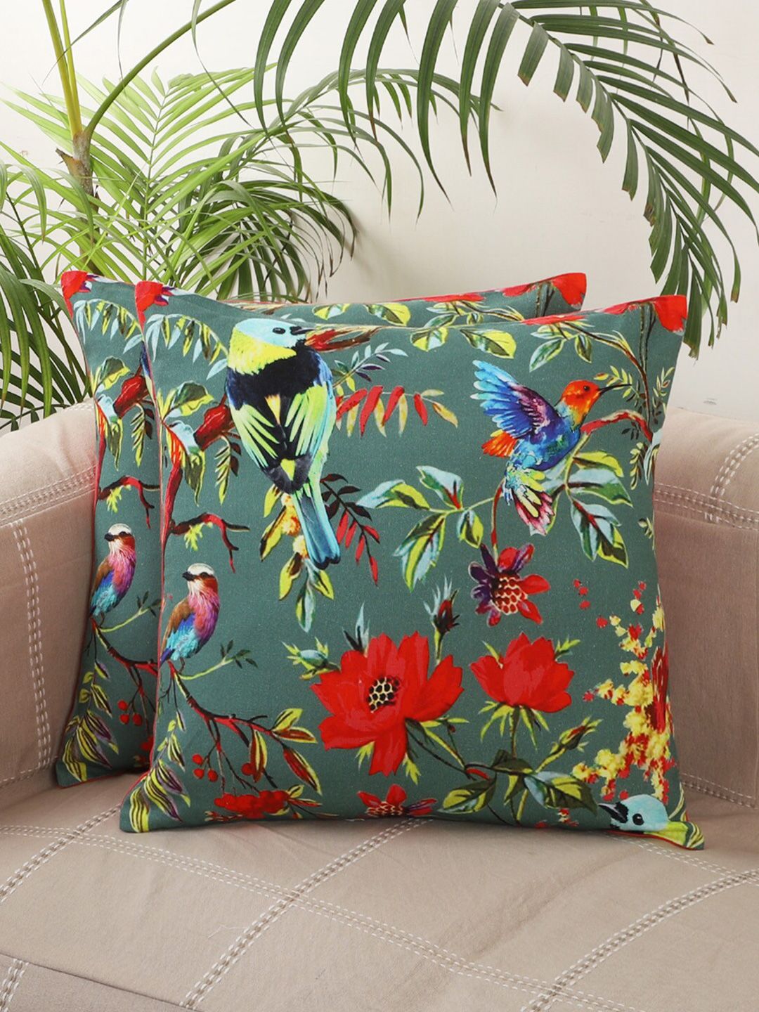 Jamio Firati Green & Red Set of 5 Floral Square Cushion Covers Price in India