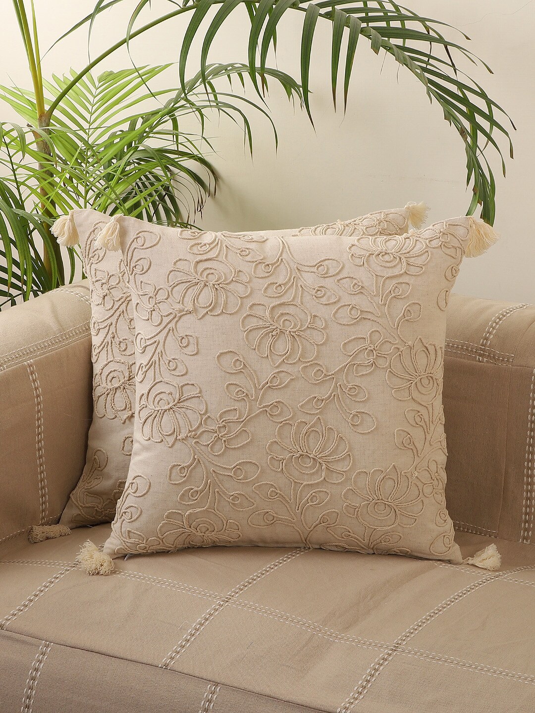 Jamio Firati Off White Set of 5 Embroidered Tasselled Square Cushion Covers Price in India