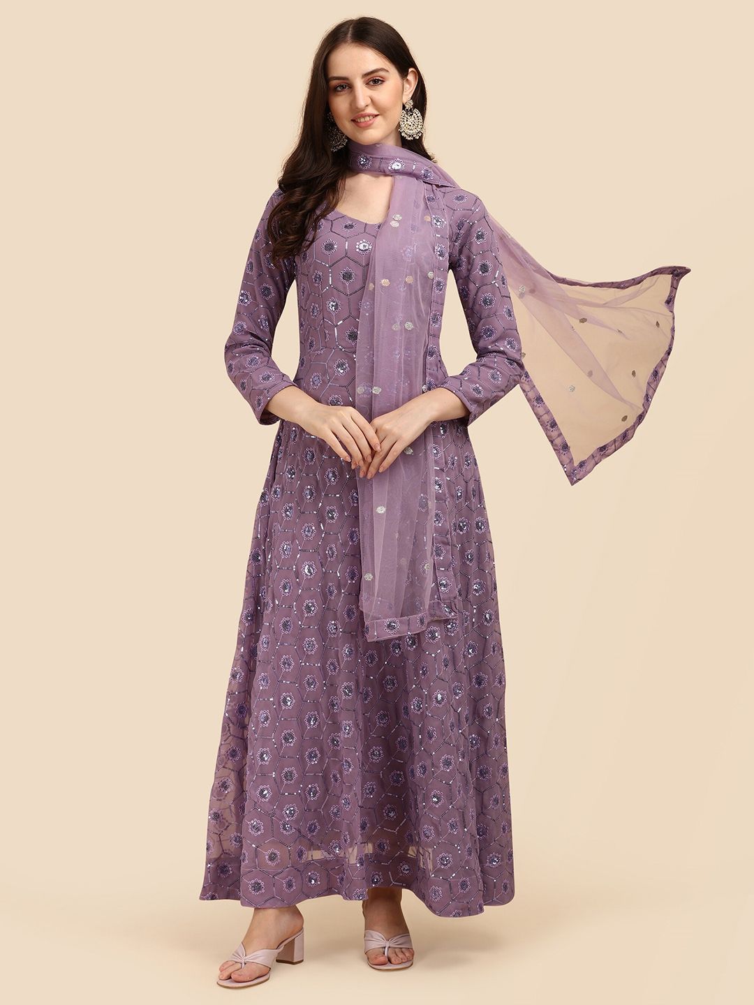 Vidraa Western Store Lavender Floral Tie-Up Neck Georgette Maxi Dress Price in India