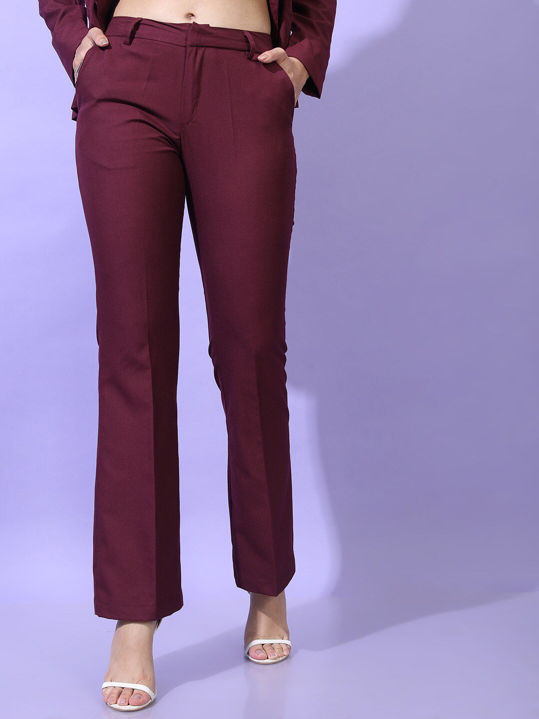 Tokyo Talkies Women Burgundy Straight Fit Trousers Price in India