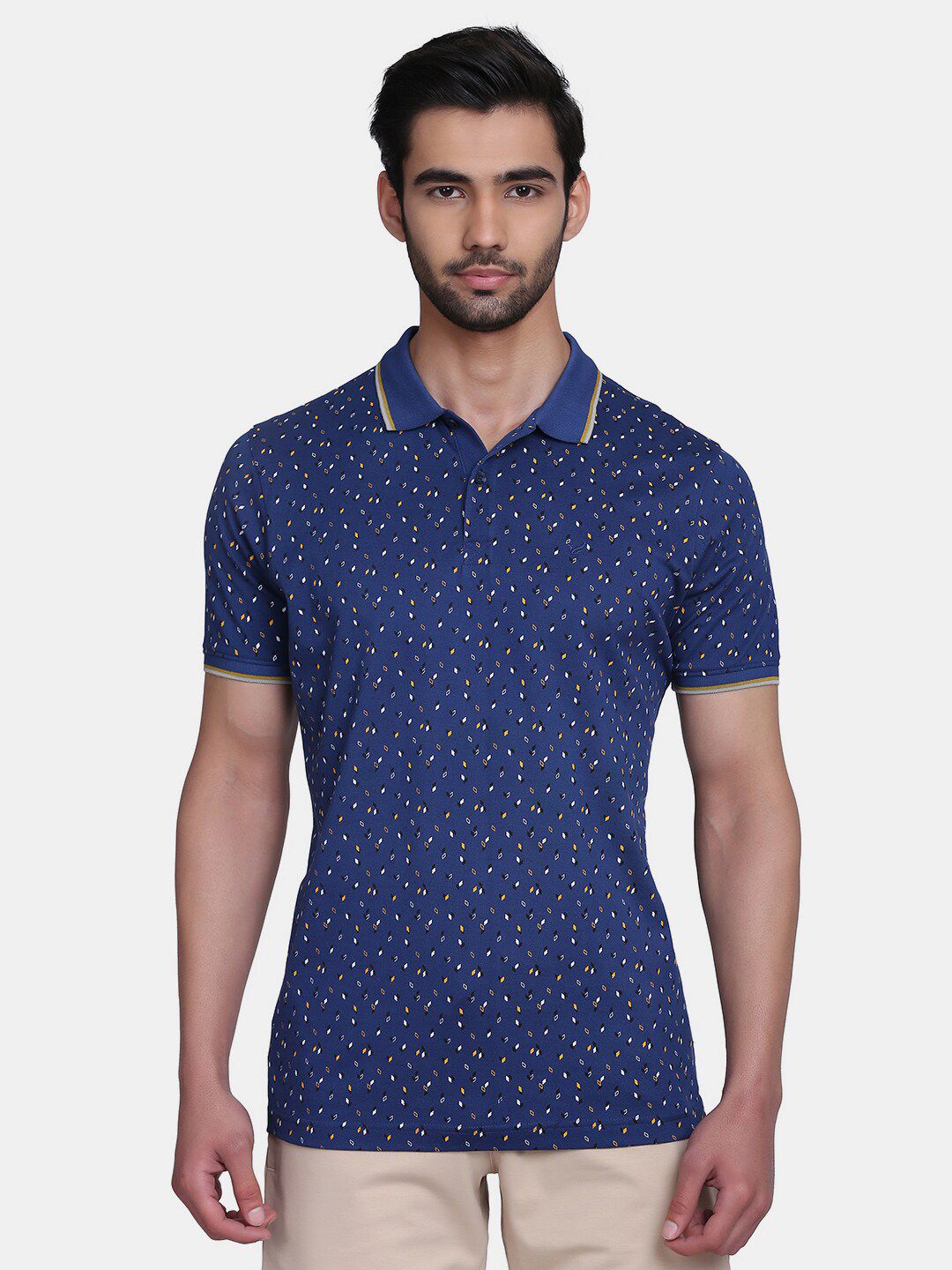 Blackberrys Men Blue Printed Polo Collar Slim Fit T-shirt
