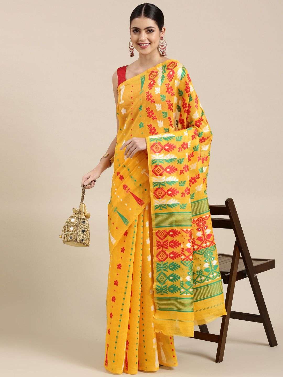 KALINI Yellow & Green Woven Design Silk Cotton Jamdani Saree