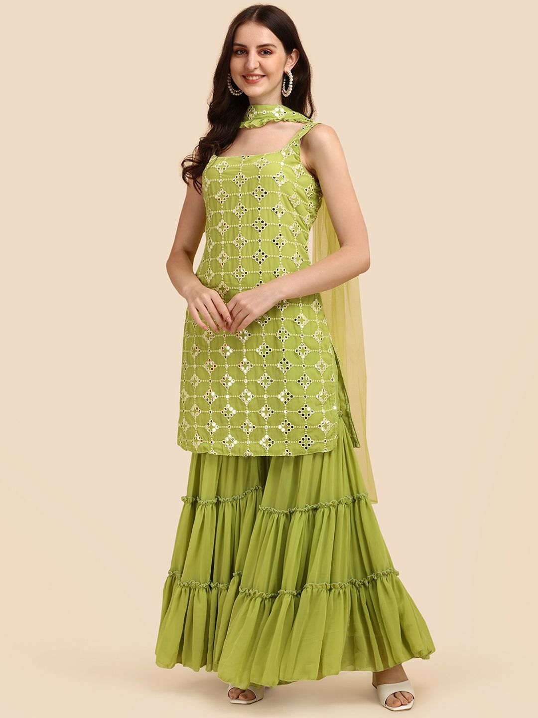 Virah Fashion Women Lime Green Embroidered Layered Thread Work Top with Sharara & With Dupatta Price in India