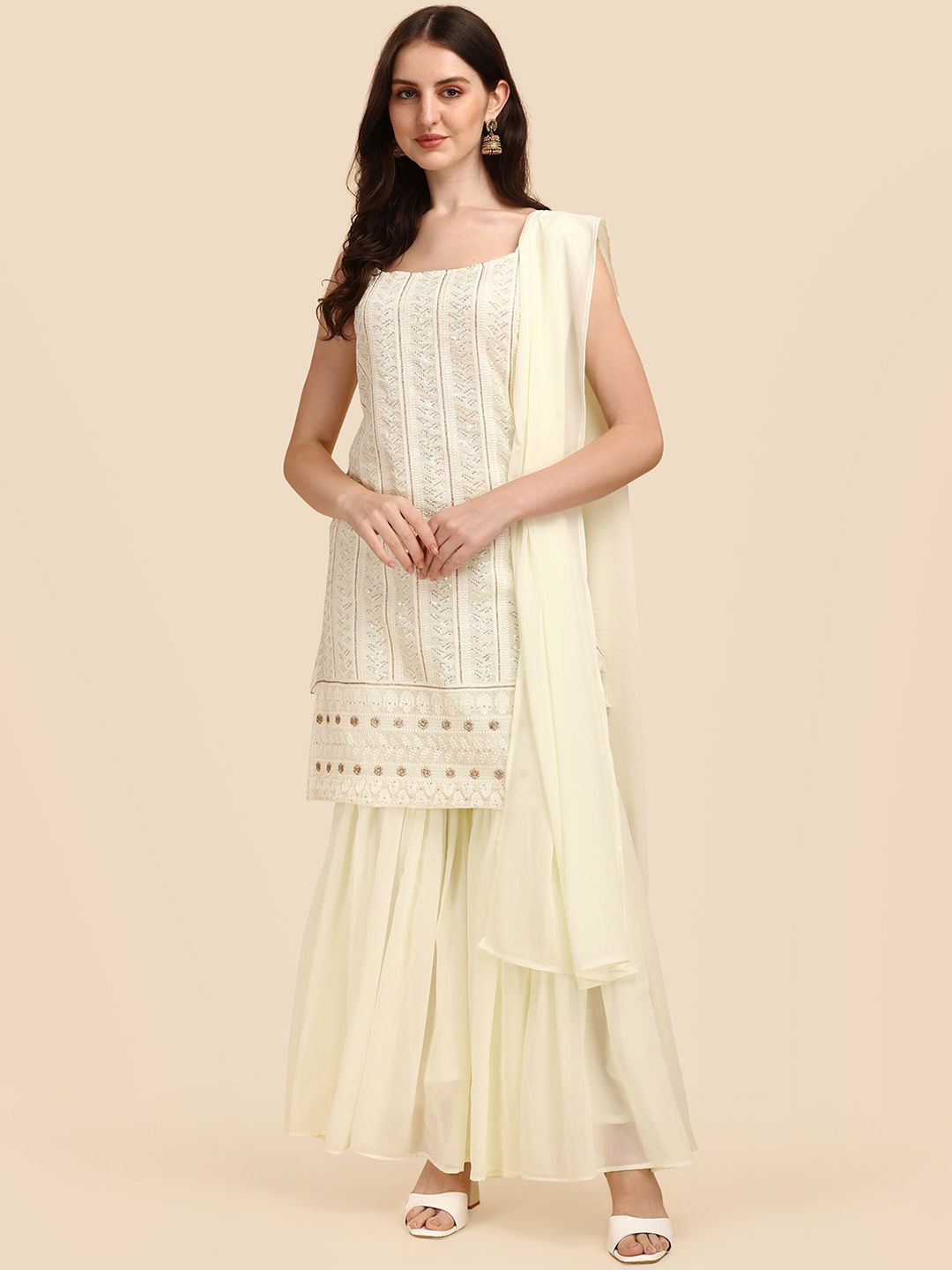 Virah Fashion Women Cream-Coloured Chikankari Kurta with Palazzos & With Dupatta Price in India