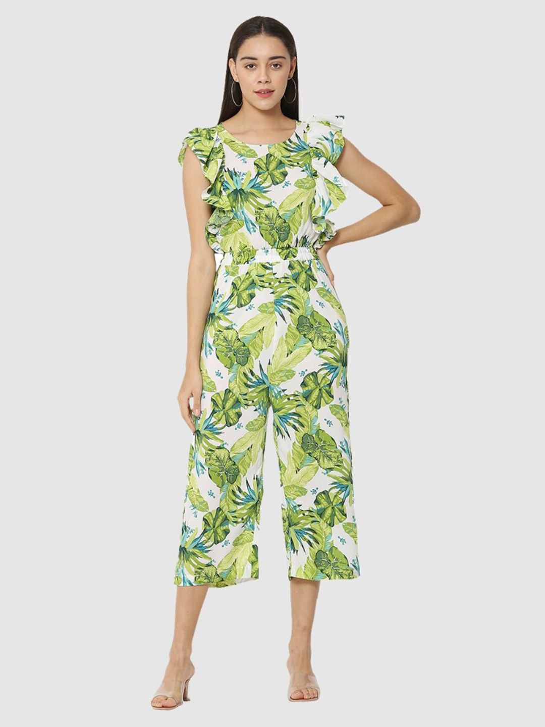 The Label Bar Green & White Printed Basic Jumpsuit Price in India