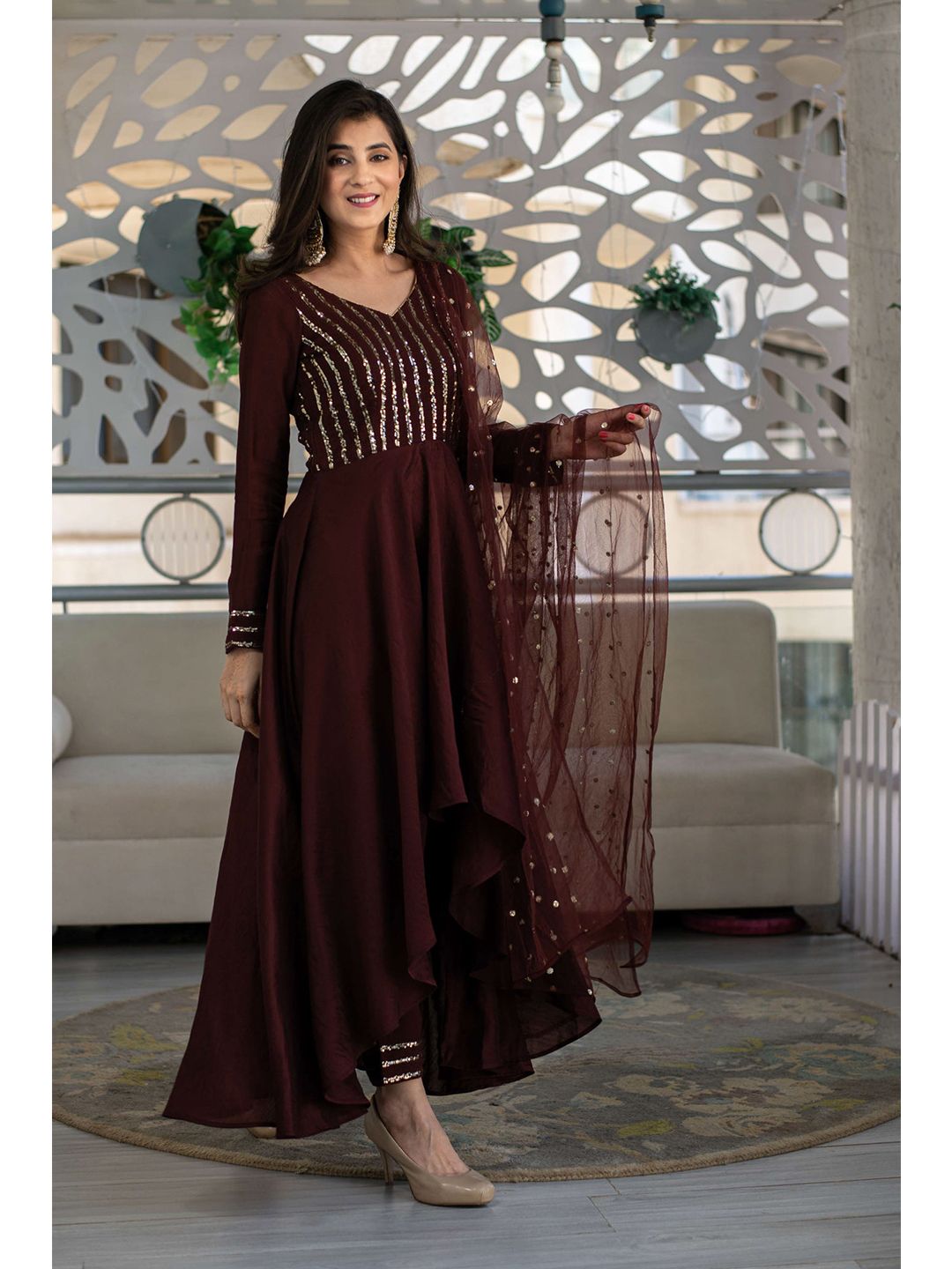 Fashionuma Brown & Gold-Toned Embroidered Semi-Stitched Dress Material Price in India