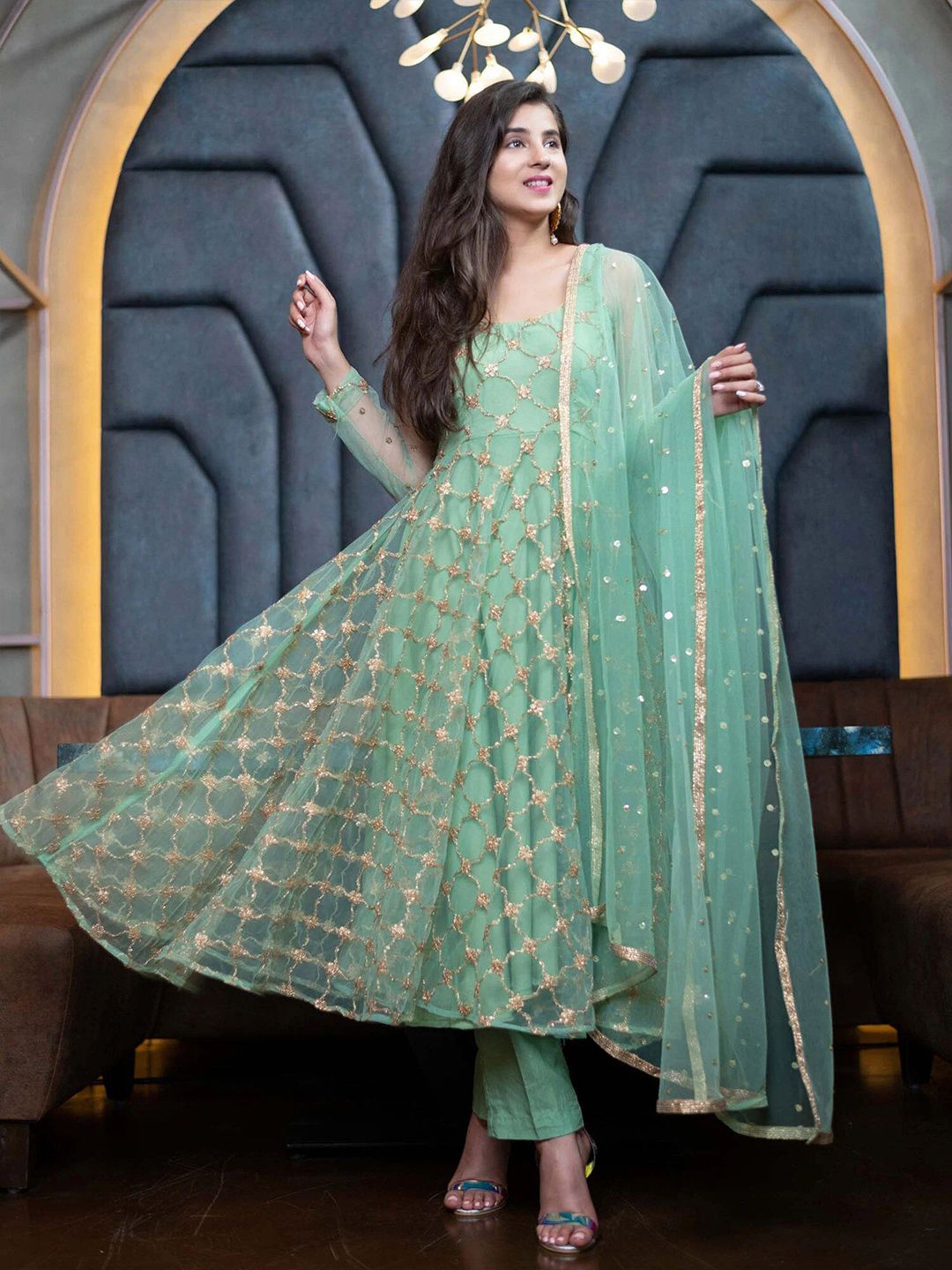 Fashionuma Green & Gold-Toned Embroidered Semi-Stitched Dress Material Price in India