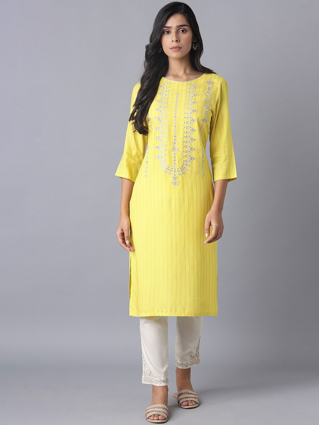 W Women Yellow Embroidered Flared Sleeves Thread Work Kurta Price in India