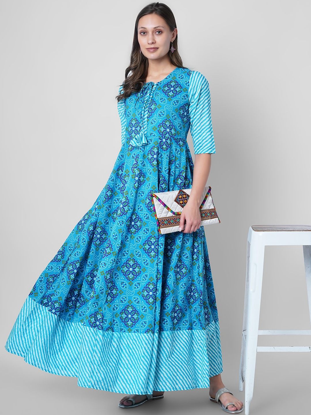 Sanganeri Kurti Women Blue Ethnic Motifs Printed Anarkali Kurta Price in India