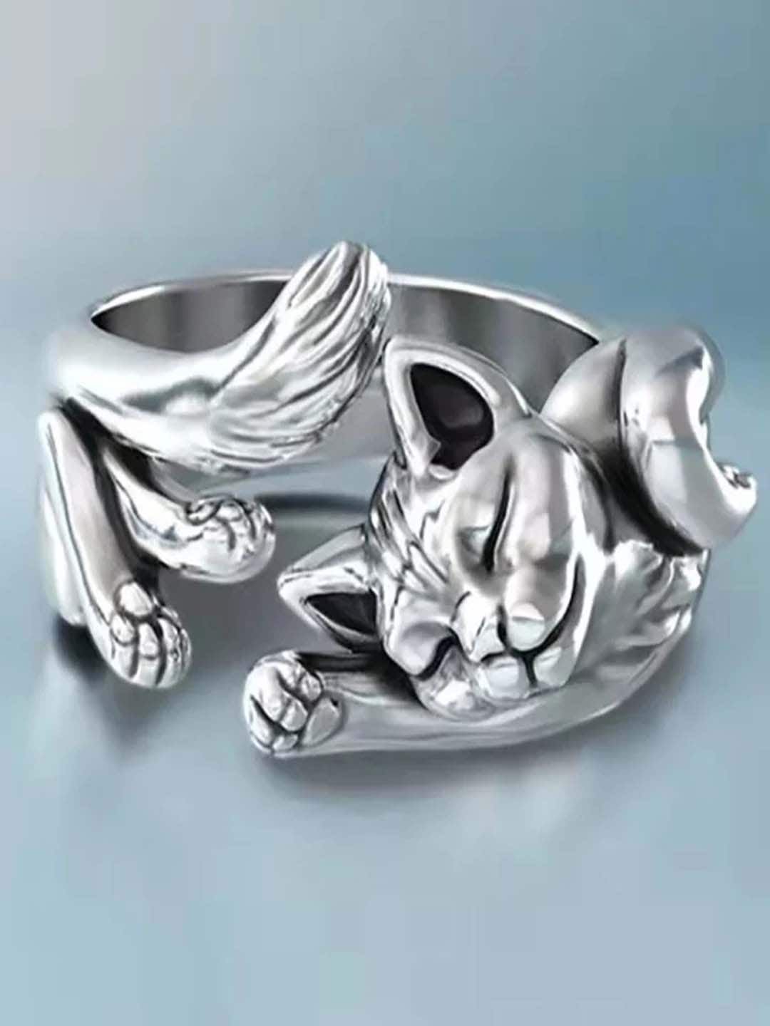 UNIVERSITY TRENDZ Silver-Plated Sleeping Cat Designed Finger Ring Price in India