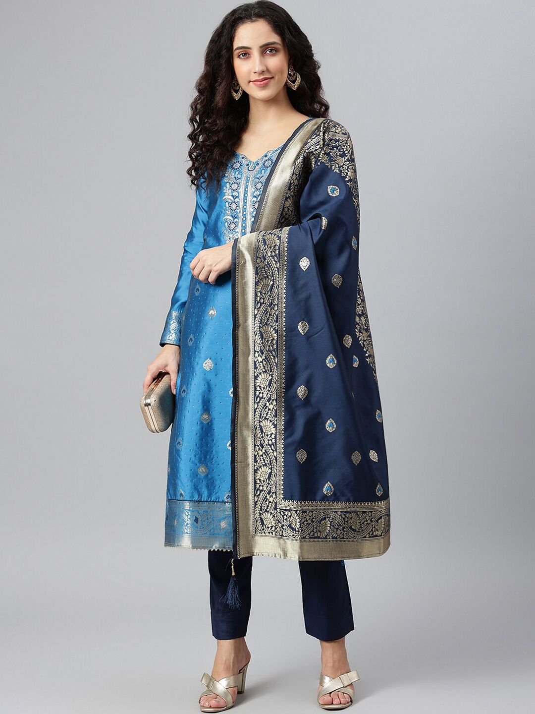 Lilots Turquoise Blue & Gold-Toned Unstitched Dress Material Price in India