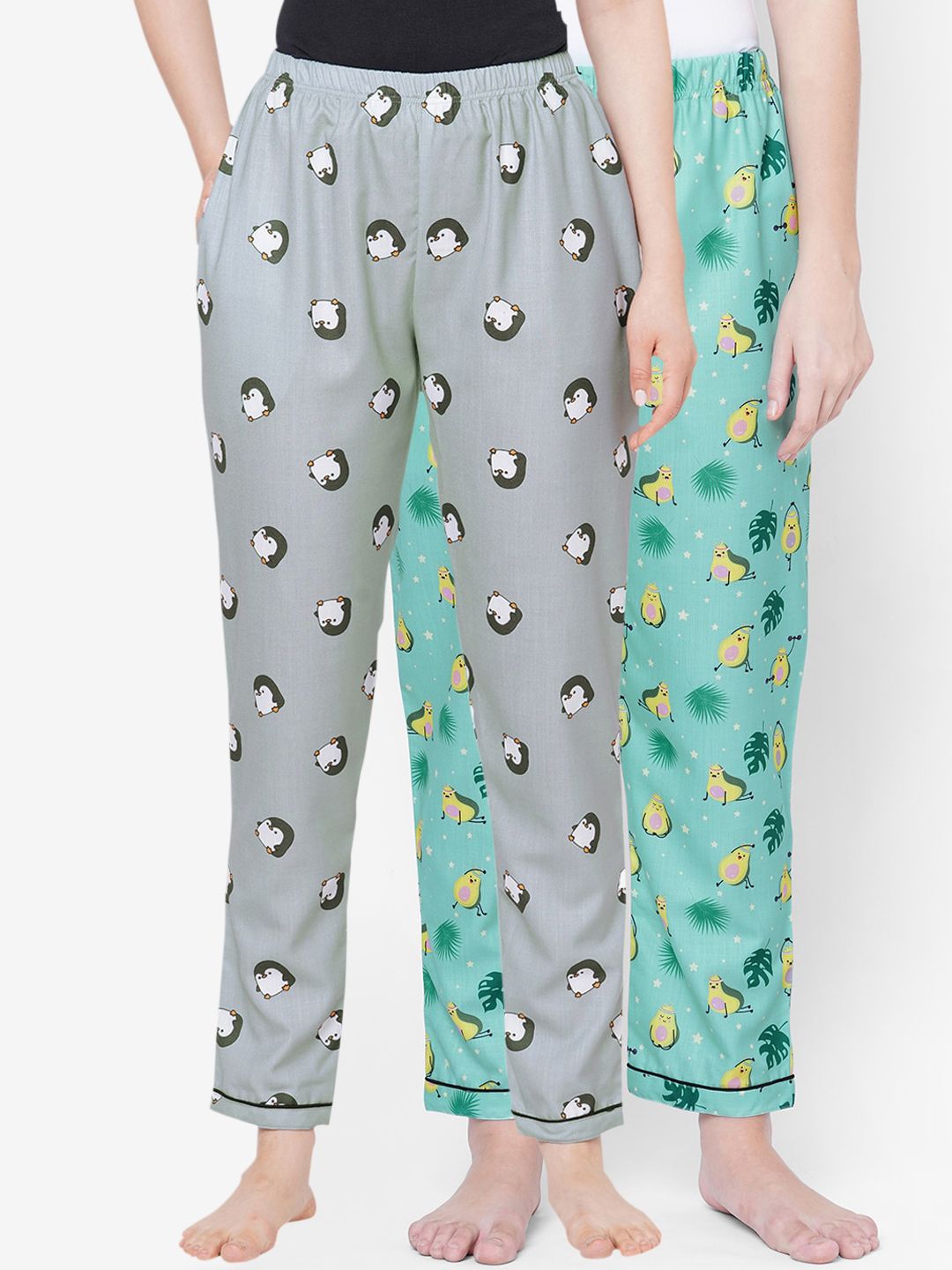 FashionRack Women Pack of 2 Grey & Sea Green Printed Cotton Lounge Pants Price in India