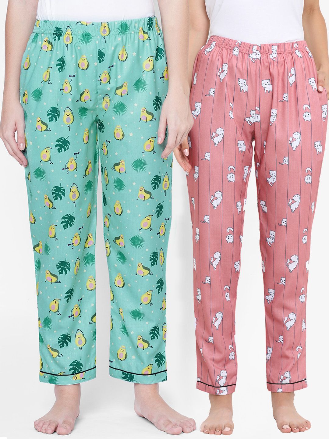 FashionRack Women Pack Of 2 Green & Pink Printed Cotton Lounge Pants Price in India