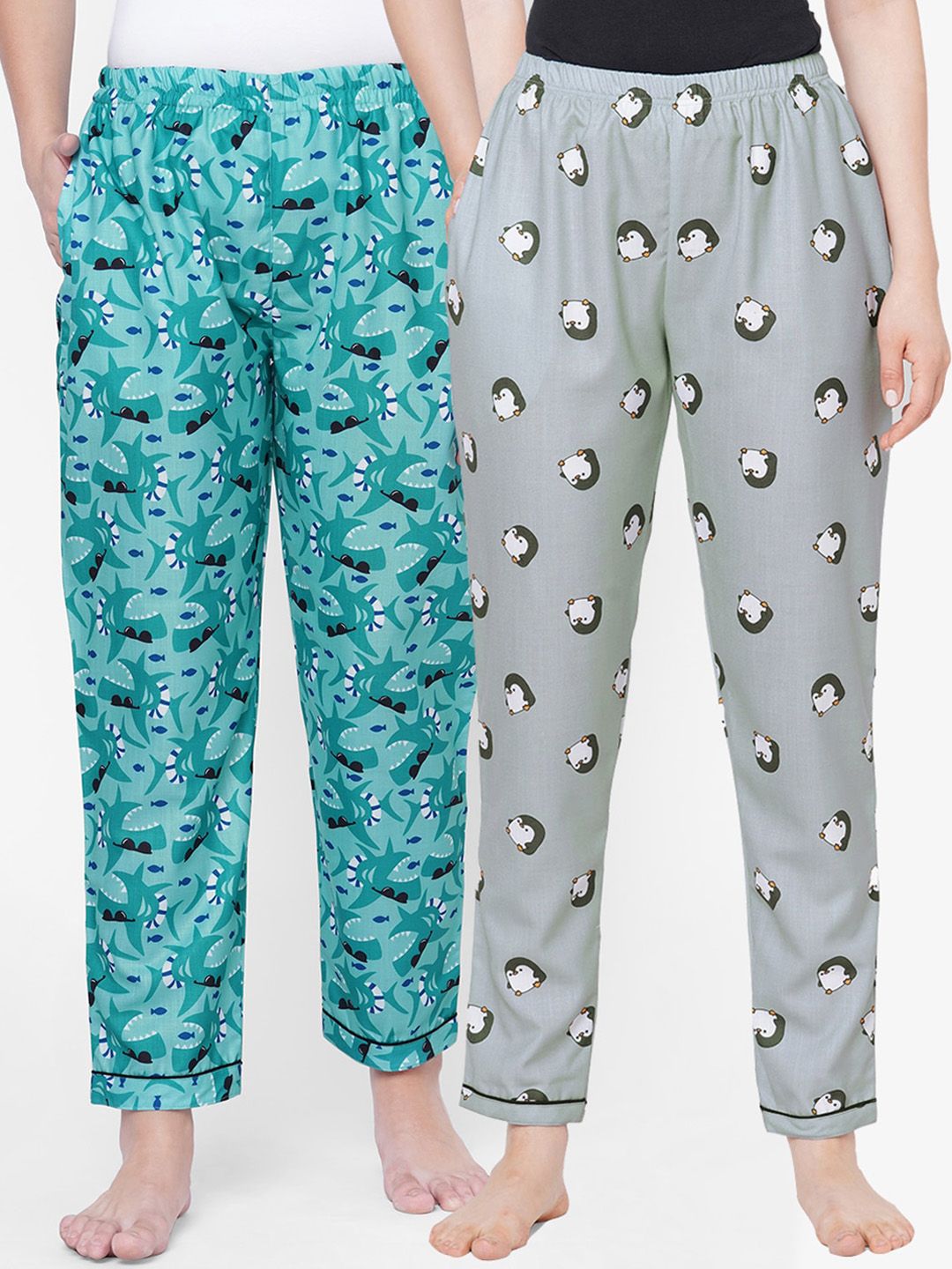 FashionRack Women Pack of 2 Grey & Sea Green Printed Cotton Lounge Pants Price in India