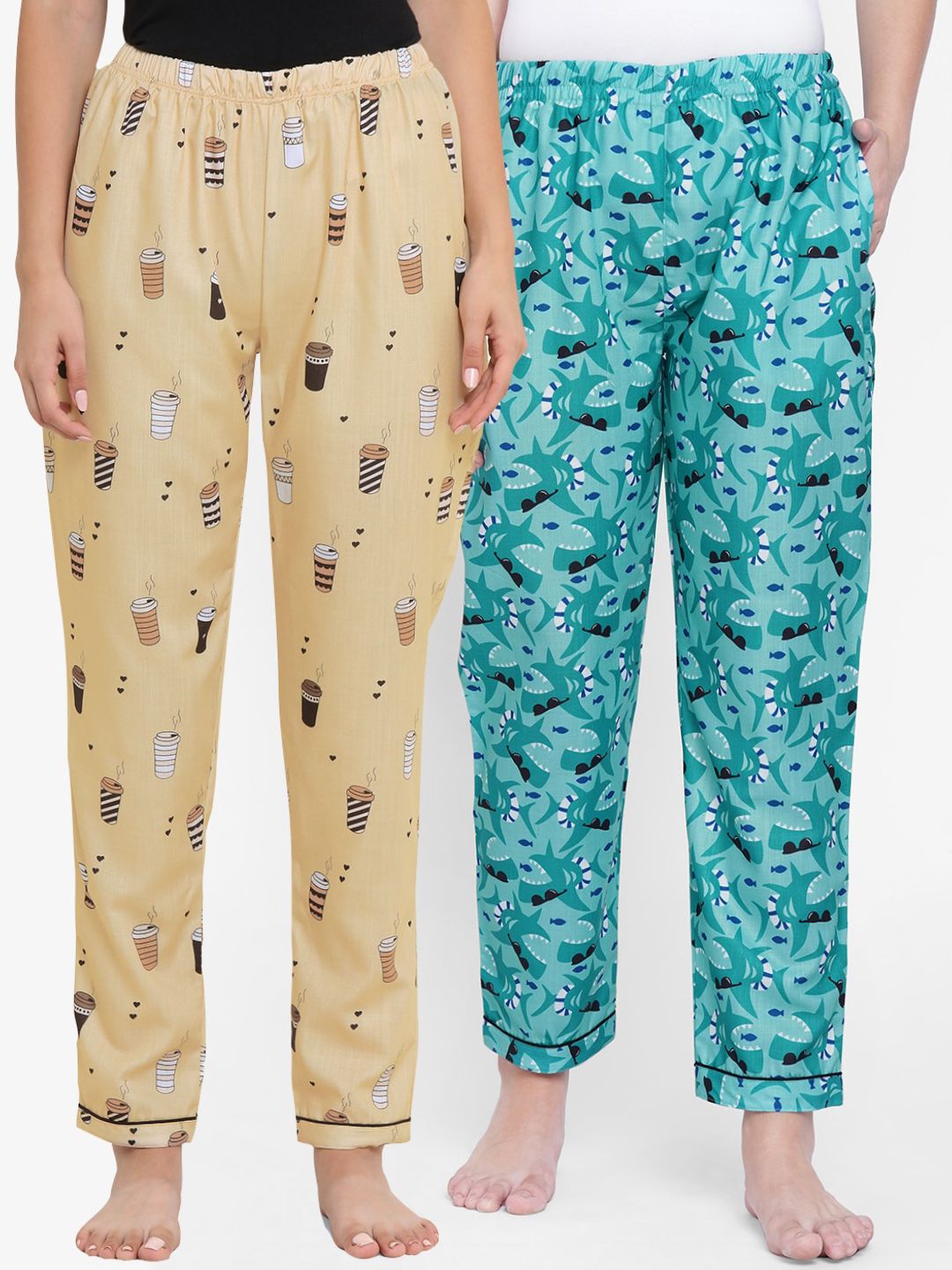 FashionRack Pack of 2 Women Sea Green & Brown Printed Lounge Pants Price in India