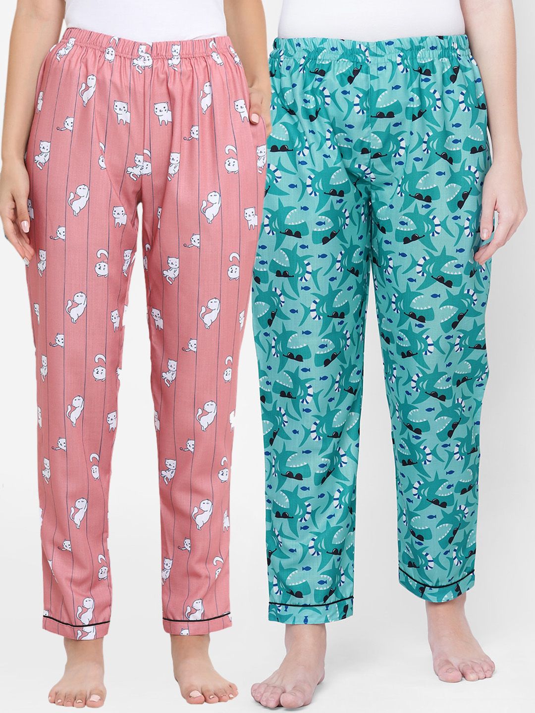 FashionRack Women Pack Of 2 Green & Pink Printed Lounge Pants Price in India