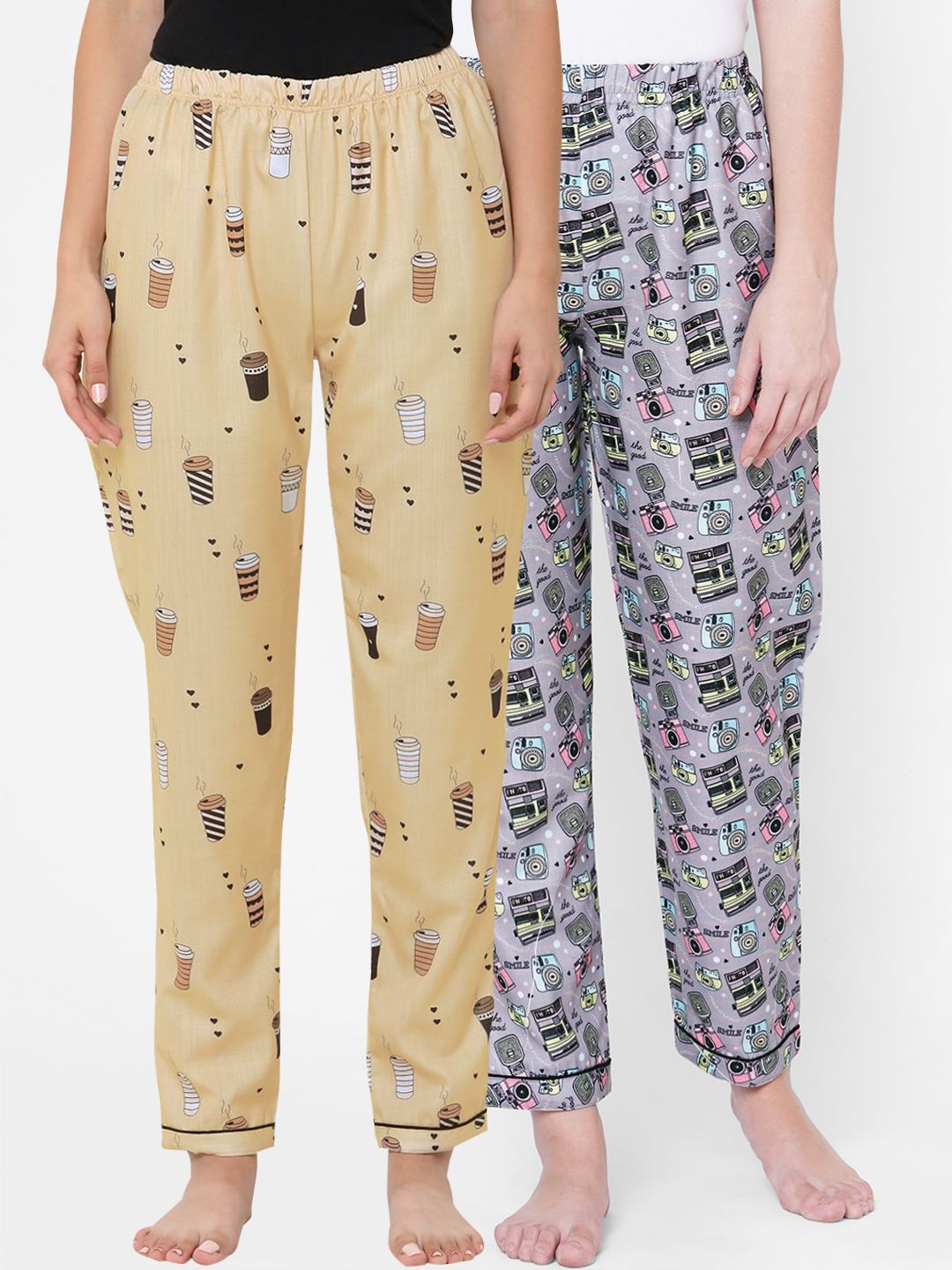 FashionRack Pack of 2 Women Grey & Brown Printed Lounge Pants Price in India