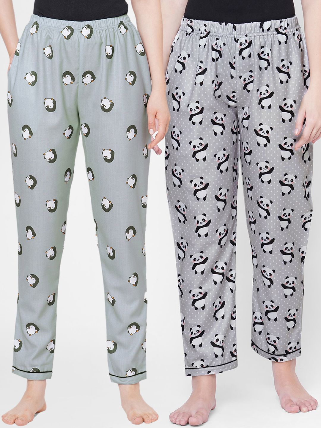 FashionRack Women Pack Of 2 Grey & Black Printed Lounge Pants Price in India