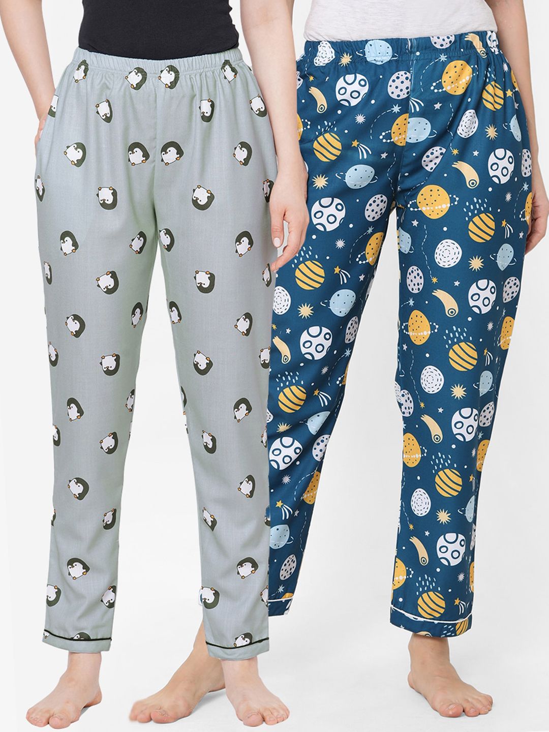 FashionRack Pack of 2 Grey & Navy Blue Printed Lounge Pants Price in India