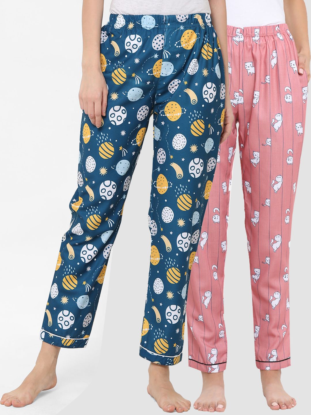 FashionRack Women Pack Of 2 Navy Blue & Pink Printed Lounge Pants Price in India