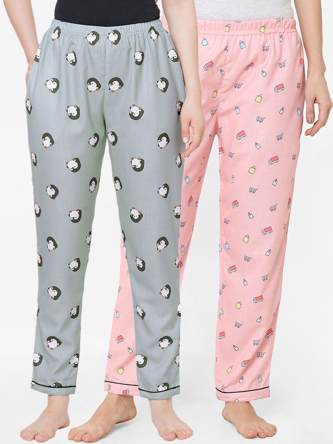 FashionRack Pack of 2 Women Pink & Grey Printed Lounge Pants Price in India