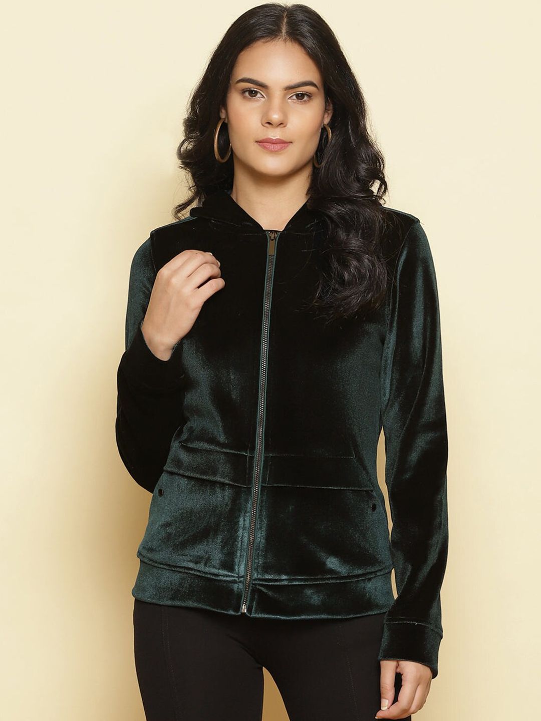 Lakshita Women Green Fleece Longline Bomber Jacket Price in India