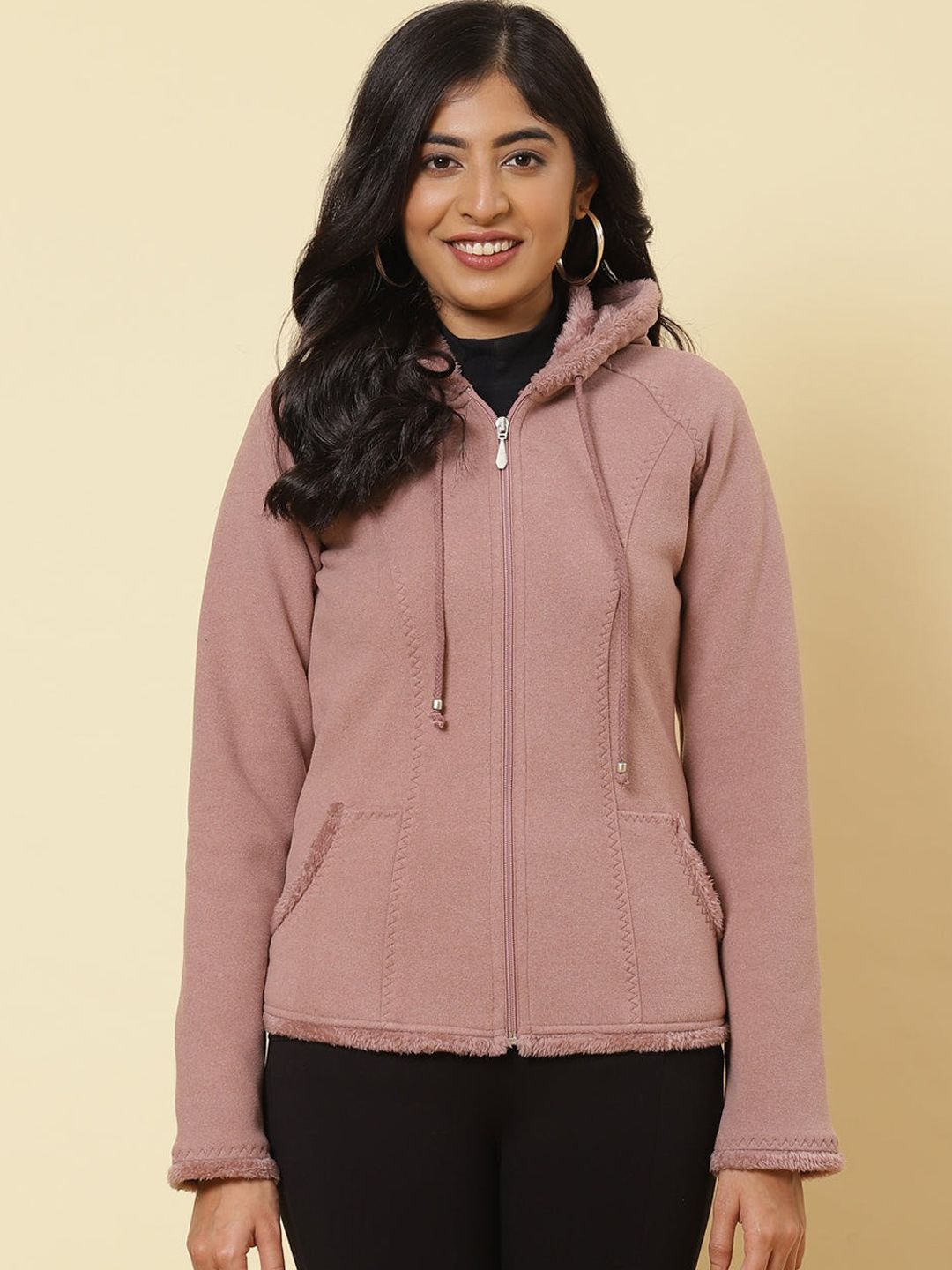 Lakshita Women Peach-Coloured Checked Fleece Longline Tailored Jacket Price in India