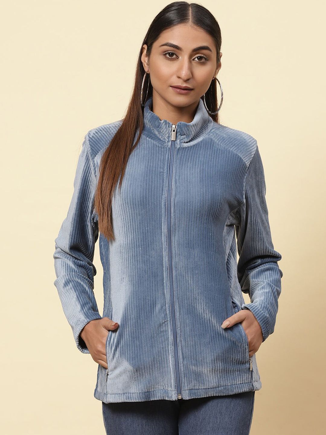 Lakshita Women Blue Fleece Longline Tailored Jacket Price in India