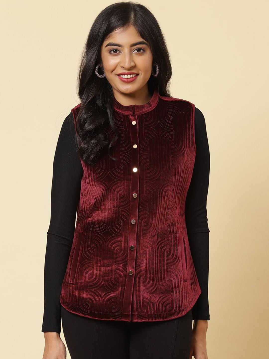 Lakshita Women Maroon Geometric Fleece Longline Tailored Jacket Price in India