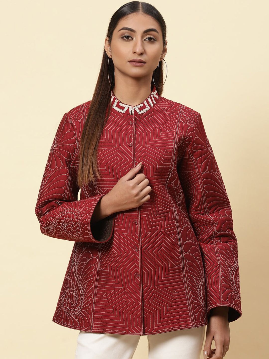 Lakshita Women Maroon Checked Longline Bomber Jacket Price in India