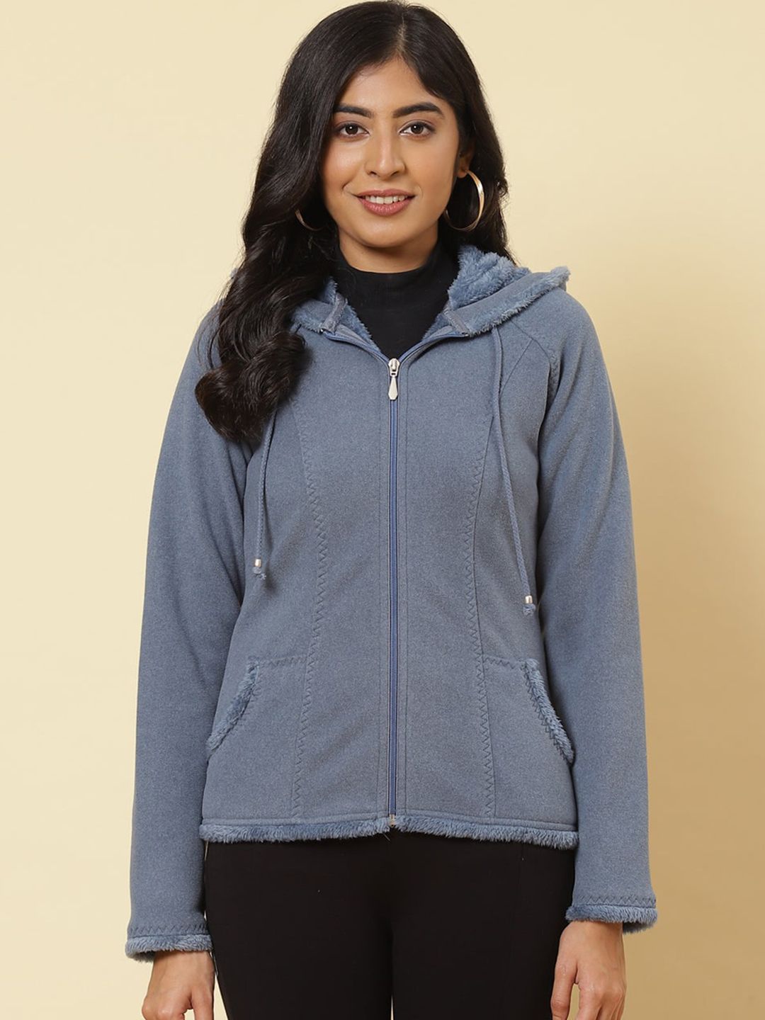 Lakshita Women Blue Fleece Longline Tailored Jacket Price in India