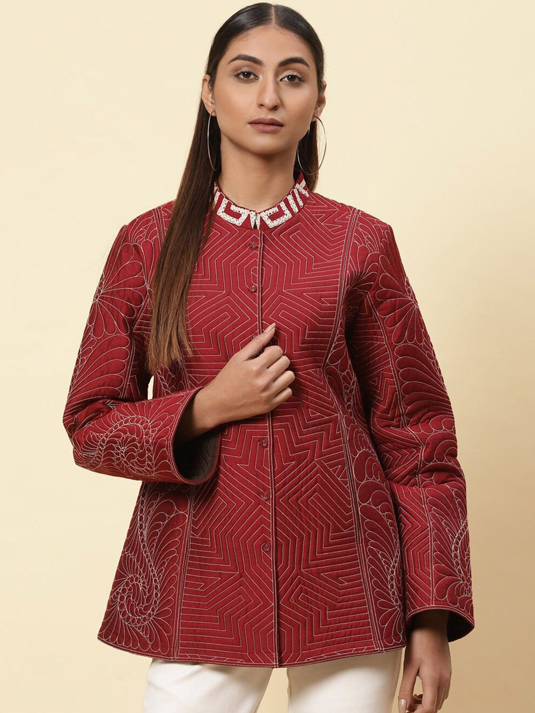 Lakshita Women Maroon Checked Longline Bomber Jacket Price in India